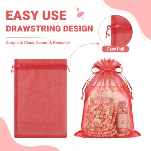 Image of FUNFERY 100PCS Red Organza Gift Bags 5x7in,Drawstring Pouch for Jewelry