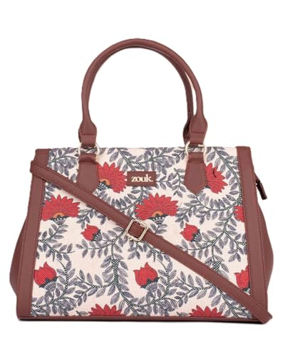 Image of ZOUK Nawabi Couture Floral Printed Jute Handcrafted Vegan Leather Brown Women's Handbag | Ladies Purse Handbag | Double Handle Detachable Strap