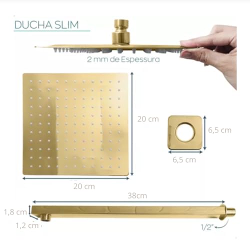 Chuveiro Ducha Em Inox Quadrado Slim 20x20cm Dourado De Teto ou Parede Solar ou a Gás