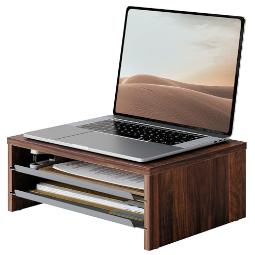 Fenge モニター台 卓上 パソコン台 ディスプレイスタンド36cm横幅 2段 木製天板 金属棚板 机上台 ディスプレイ台 pcモニターだい 机上ラック オーク (ブラウン)