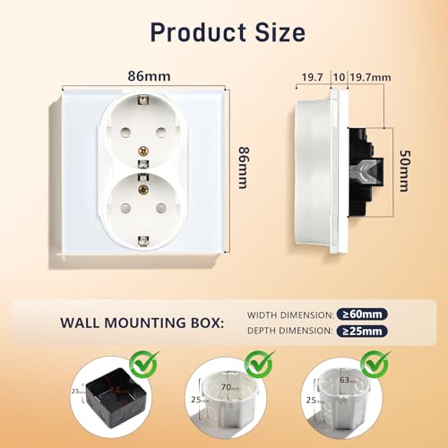 BSEED Schuko Steckdose 2 Fach auf einem Sockel, unterputz Steckdose Glas, Doppelsteckdose Unterputz passt in einem Unterputzdose, Doppel Wandsteckdose 16Amp EU Steckdose Wei&szlig; - 86mm