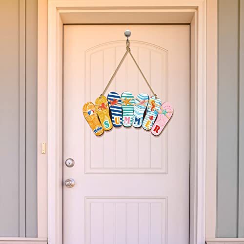 Yookeer Hello Summer Door Sign Summer Wreaths for Front Door Hanger Rustic Wooden Daisy Wall Decor Flower Flip Flops Welcome Hanging Sign for Home Office Indoor Outdoor Decoration(Slippers Style)