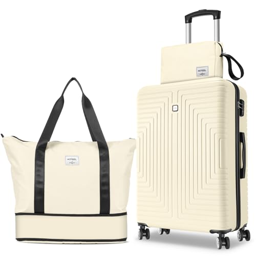 Hoteel Luggage Sets 3 Piece, 4-Yr Warranty ABS+PC Hard Shell Suitcases with Wheels, TSA Aproved Lock and Carry on Bags, Travel Suit Case Set for Men and Women, (3-Piece, Beige)