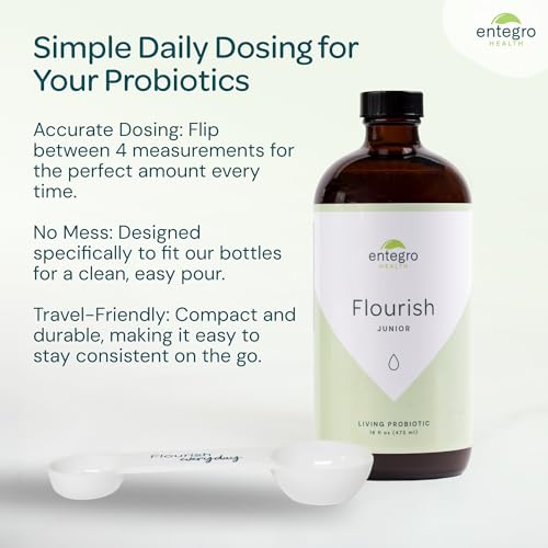 Image of ENTEGRO Flourish Junior Liquid Probiotic & Postbiotic Supplement with Spoon - Plastic | 11 Live Cultures | Gut & Digestive Health for Women, Men & Kids | Vegan & Gluten Free | USA Made | 16 fl oz