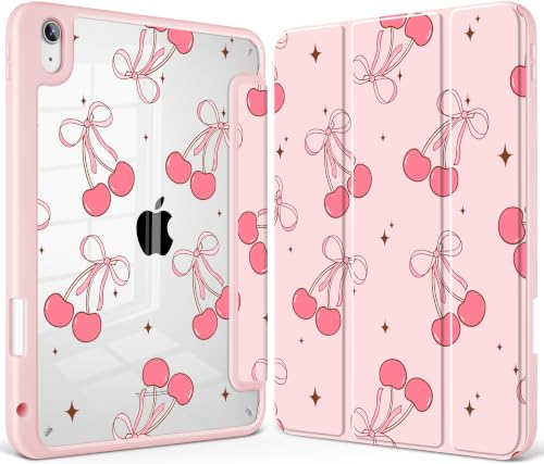 May Chen for iPad (A16) 11th Generation Case 11 Inch 2025, iPad 10th Gen Case 2022 10.9 inch, Built-in Pencil Holder with Shockproof Cover Clear Back Shell Auto Wake/Sleep, Pink Cherry Bow