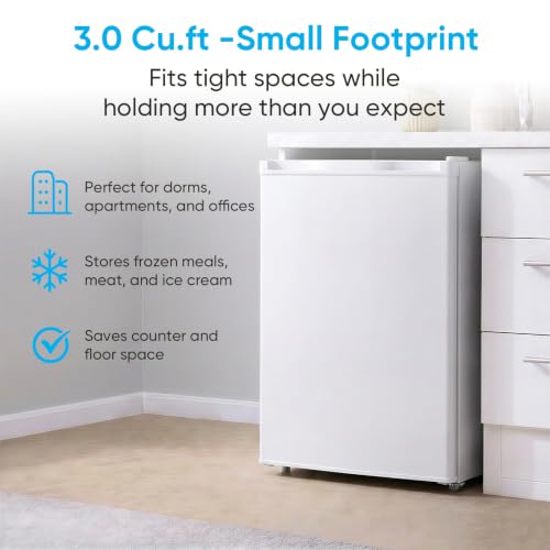 Image of TABU 3.0 Cu Ft Upright Freezer, Mini Freezer with 7 Adjustable Temp, White | Freestanding, Energy Saving, Space Saving, Low Noise, Compact Freezer with Removable Shelves