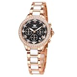 OLEVS Black Watch for Women Luxury Diamond Bezel Rose Gold Ladies Wrist Watches Stainless Steel White Ceramic Band Waterproof Quartz Chronograph Female Dressy Wristwatch