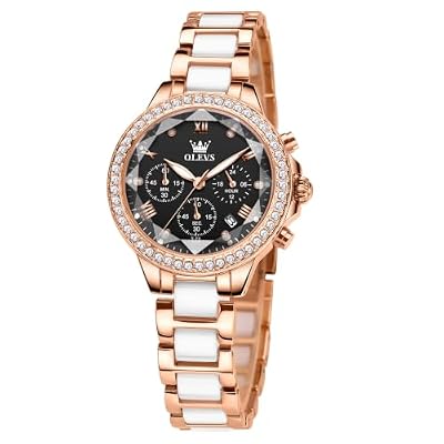 OLEVS Black Watch for Women Luxury Diamond Bezel Rose Gold Ladies Wrist Watches Stainless Steel White Ceramic Band Waterproof Quartz Chronograph Female Dressy Wristwatch