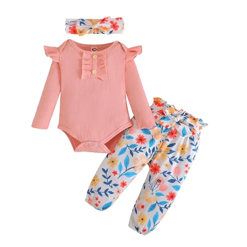 Image of Newborn Baby Girls Clothes Ribbed Ruffled Romper+Floral Pants+Headband Infant Outfit Set