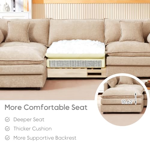 Image of 106.3 inch U Shaped Modular Sectional Sofa, Comfy Upholstery Chenille Cloud Couch with Ottoman, Modern 4-Seat Deep Seat Sofa with Pillow for Living Room, Bedroom, Apartment, Coffee Brown