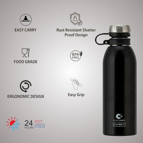 Image of Clay Craft VACBOTT Charlie Double Walled|18 Hrs Hot & 24 Hrs Cold Water Bottle-900ML, 2-Piece(Black) Leak Proof|Easy to Carry|Gym Bottle|Home|Kitchen|Hiking|Travel Bottle|BIS Certified