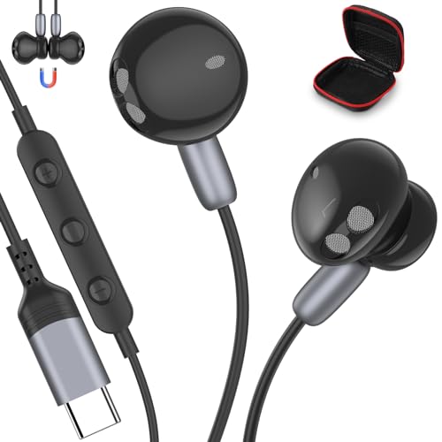 APETOO USB C Headphones Type C Earbuds for Samsung Galaxy A16 S25, Magnetic HiFi Stereo USB C Earphones with Mic Volume Control for iPhone 17 16 15 Series Oneplus 13 Pixel 10 9 8, Motorola Edge, Black
