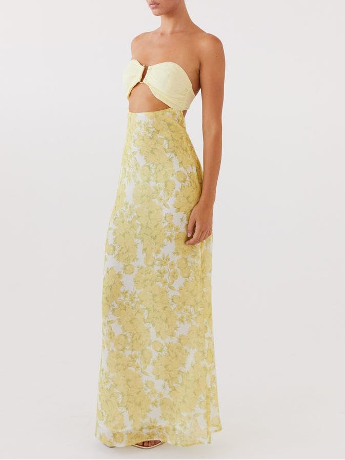 Image of Women Y2k Strapless Maxi Dress Floral Print Tube Long Dress Boho Beach Sundress Going Out Streetwear