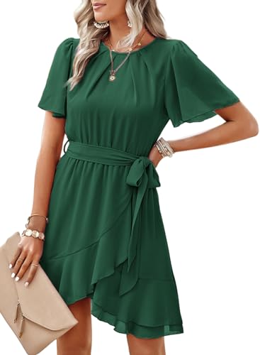 Dokotoo Womens Summer Dresses 2025 Crewneck Short Sleeve Waist Tie Ruffle Casual Chiffon A-Line Swing Mini Dress