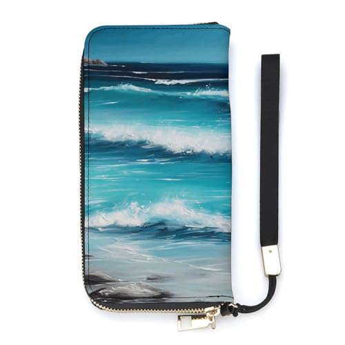 YJWANDL Carteira feminina de couro PU, estampa de paisagem marítima original turquesa para mulheres, carteira de mão com porta-cartões, estilo, 20 x 10,5 cm, moderna