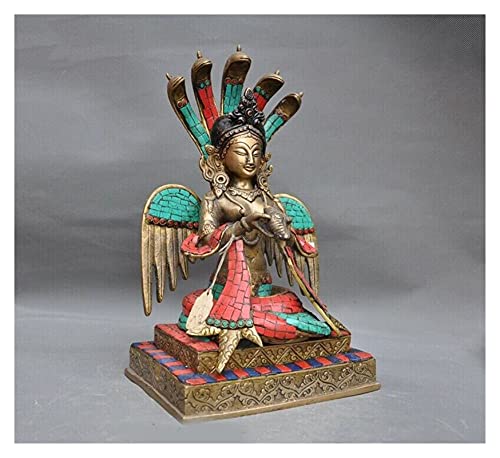 Aurh Wedding Decoration Tibet Bronze Inlay Turquoise Coral 5 Snake Head Naga Kanya Guanyin Buddha Statue Tianminjiedm #TOP3