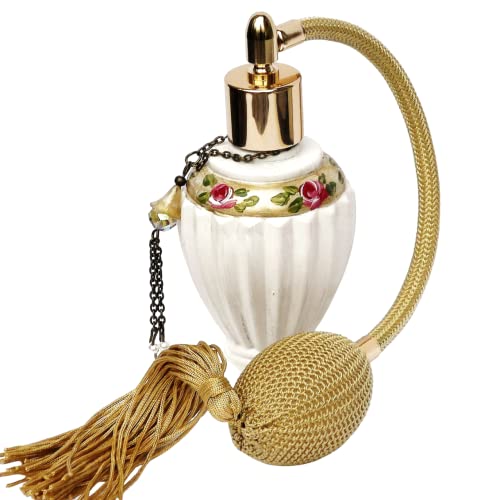 White and Gold Elegant Vintage Style Glass Spray Perfume Bottle Atomizer with Bulb Spray and Painted Pink Roses Victorian Decor