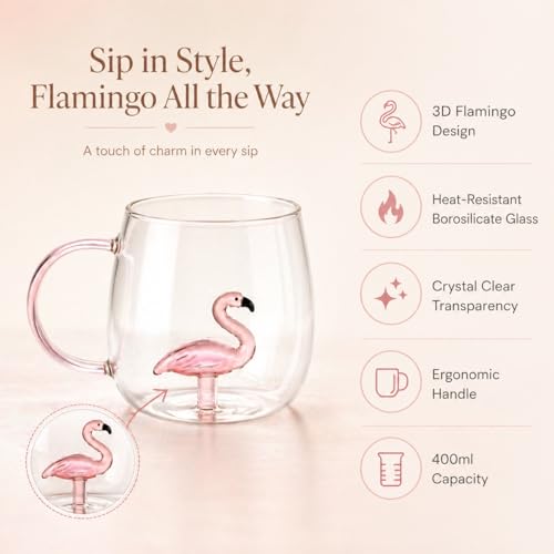 Image of 3D Coffee Mug Crystal Glass Cup with Pink Flamingo Design Plant Inner Wish Cup as A Gift-Party Office Morning Mugs for Milk Chocolate Cappuccino, Suitable for Home Office Decoration (1- pcs)