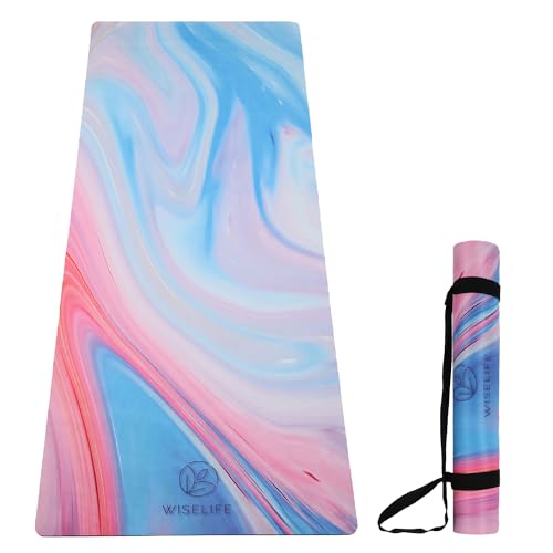 Image of Wiselife MicroFiber & Natural Rubber Yoga Mat + Carry Strap | 5MM | Extra Large Extra Wide | Anti skid Anti slip for Yoga & Workout (Abstract Marble)