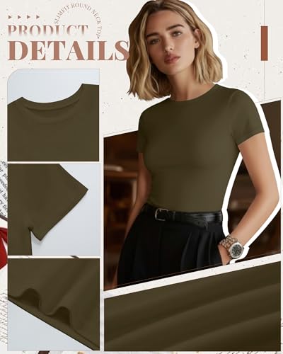 Image of Evervibe Women Built-in Bra Short Sleeve Shirts Crewneck T-Shirt Slim Fit Going Out Tops Casual Summer Basic Tees