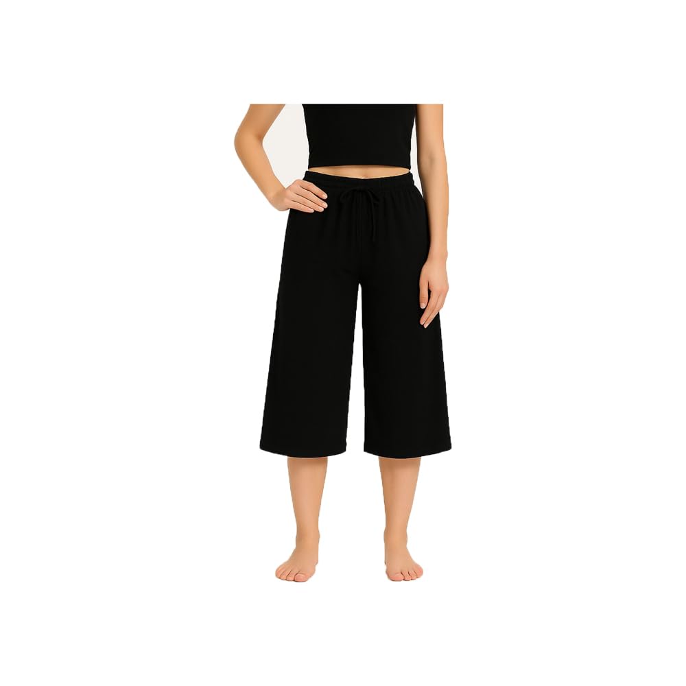 Women's Cotton Plain Loosefit Capri, 3/4th Capri Trousers For Girls Single Pack(Black)-image-45