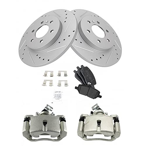 Image of TRQ Performance Rear Brake Pad and Rotor Set Semi Metallic Coated Drilled Slotted Solid Rotors Calipers Compatible with 2006-2007 Buick Terraza Saturn Relay 2006-2008 Chevrolet Uplander