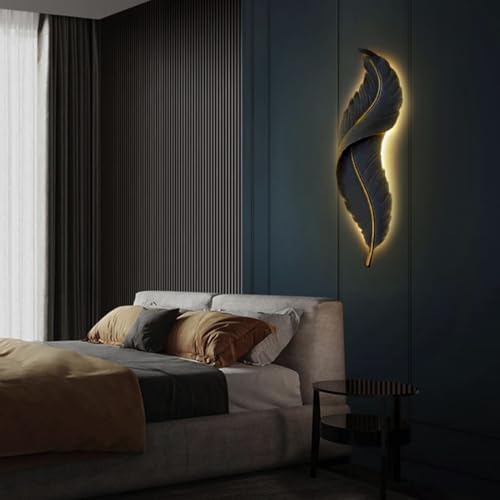 Image of Groeien 12W | 3 Color Modern LED Black Feather Wall Sconce Gold Wall Light for Bedroom Living Room Corridor Lighting Fixtures Wall Mount(Warm+Natural+Coolwhite)(Feather-Black, 1)