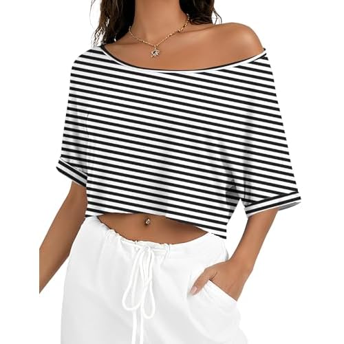 Kistore Off The Shoulder Tops for Women Going Out Short Sleeve Crop Top Boat Neck Loose T Shirt XX-Large D Black White Striped