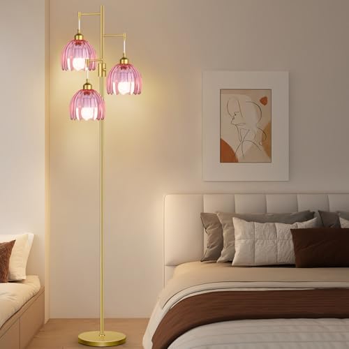 Image of ZECOXOL Gold Floor Lamps for Living Room Vintage Pink Floor Lamp with Glass Lmapshape & Three Led Bulb,Dimmable Mid Century Modern Standing Lamp Tall Tree Flower Floor Lamps for Bedroom,Office,Corner