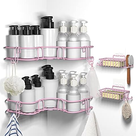 TONLEA Corner Shower Caddy, Shower Organizer for Bathroom, 4-Pack Rustproof Corner Shower Shelves With Soap Dish and 4 Hooks For Bathroom Storage, Adhesive Or Drilling Kitchen Organization, Pink Cover