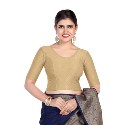Image of FINESTFIT Round Neck Stretchable Elbow Sleeve Readymade Saree Blouse for Women, 100% Cotton Dobby Fabric