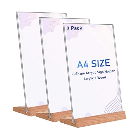 A4 Acrylic Sign Holder 3 Pack Display Stands Double Sided Menu Holder for Tables, Counter Poster Sign Display Stand for Restaurant Store Bar Company (Wood Base) L Shape Cover