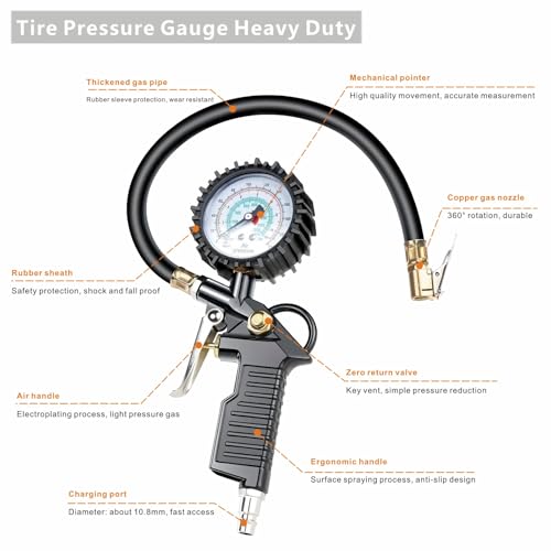 Image of Tire Inflator with Pressure Gauge (0-220 PSI) Heavy Duty Air Chuck and with with Rubber Hose Compressor Accessories and Quick Connect Coupler Applications Car RV Truck Motorcycle Bicycle