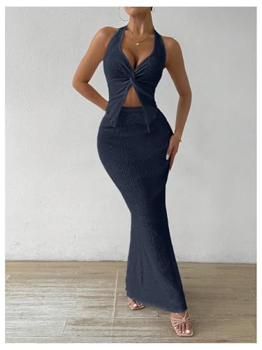 Image of SOLY HUX Women's Two Piece Outfits Twist Front Halter Cami Tops and Skirt Summer Set