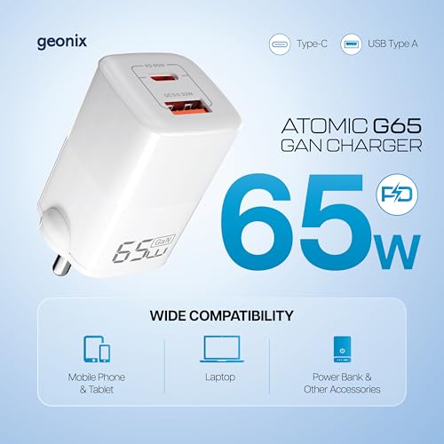 Image of Geonix Atomic G65, Gan Charger, 65W GaN Charger | Dual Port USB & Type-C Fast Charging Adapter for iPhone 16-11 Series, iPad, Android, Laptop, Tablet, Power Bank (White)