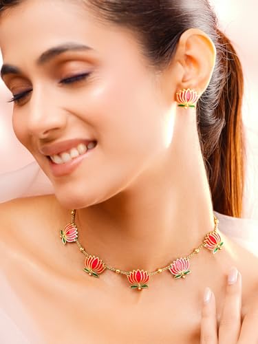 Image of Rubans Necklace Set Gold Plated Traditional Stylish Floral Theme Jewellery Gift for Women & Girls