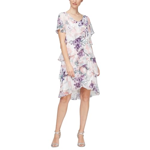 Image of S.L. Fashions Women's Short Sleeve Floral Tiered Chiffon Cocktail Spring /Summer Dress, Wedding Guest Dress