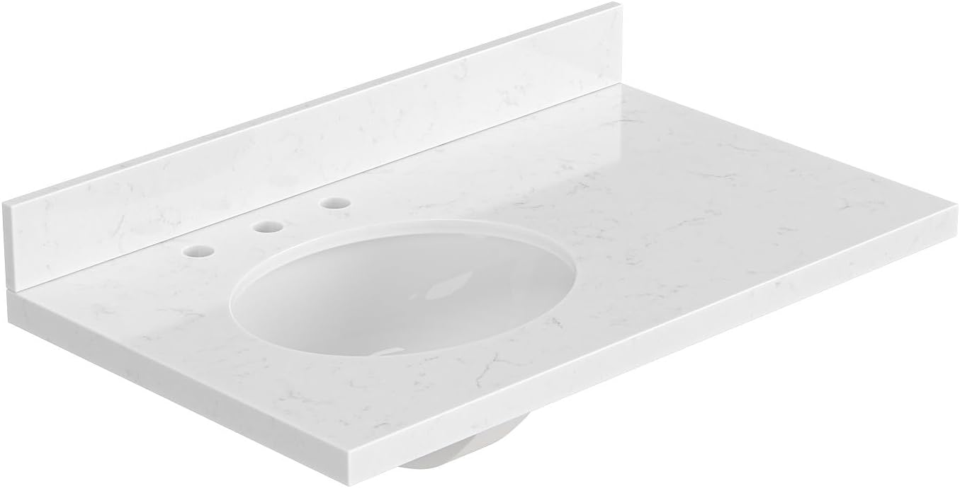 ARIEL 36 inch Bathroom Vanity top with Sink, 1.5 Inch Thick Miter Edge Carrara White Quartz top, Left Offset Vanity top with Oval Porcelain Sink, Includes Backsplash