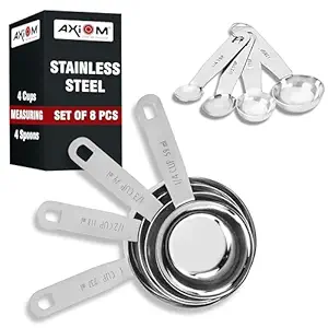 AXIOM Measuring Set of 8 pcs Stainless_Steel Professional Quality for Baking, Cooking, 4 Stackable Measuring Cups and 4 Stackable Measuring Spoons with Measurement Engraving Handle