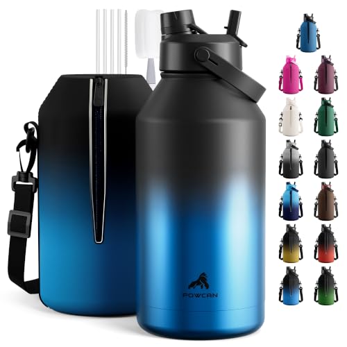 Image of POWCAN 64 oz Insulated Water Bottle with Carrier Bag and 2-in-1 Lid: Leakproof, Top Handle, Keep Cold 48H, Straw & Spout Lid, BPA-Free, Stainless Steel Water Bottle for Work, Outdoors (Mariner)