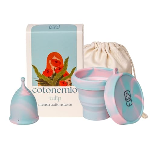 Cotonemio Tulip Menstruationstassen-Set Mit Sterilisator (3er-Pack) 100% Medizinisches Silikon Nachhaltig Ohne BPA Plastikfrei Bis Zu 12 Stunden(Menstruationstasse Sterilisator Baumwollbeutel) (L)
