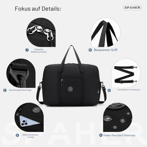 SPAHER Reisetasche Handgepäck Tasche 55x40x23 Lufthansa Wizzair Eurowings Leichte Reisetasche Groß Faltbare 50L wasserdichte Tasche Flugzeug Travel Duffle Bag Cabin Bag Weekender Damen Herren