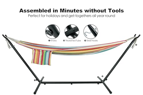 Image of Gafete Double Hammock with Stand for Outside, Upgraded Spreader Bar, Heavy Duty Space Saving Steel Stand 2 Person, Side Pockets, Easy Assembly, 600lbs Weight Capacity, Indoor & Outdoor (Salsa Orange)