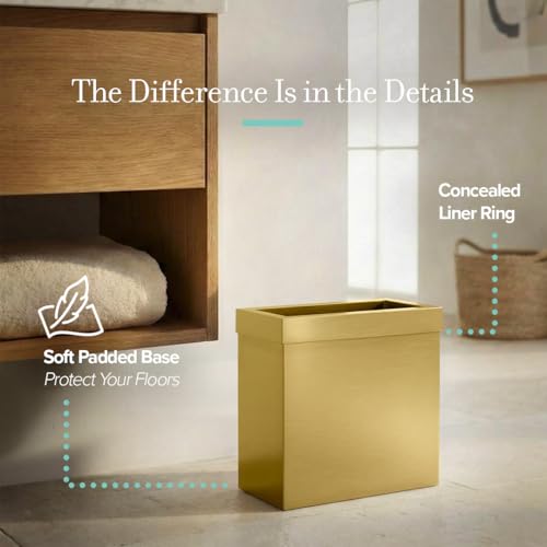 Image of Gatco Modern Rectangle Wastebasket, Brushed Brass - Stainless Steel Trash Can with Removable Lid, Leakproof, 3 Gallon Capacity for Bathroom, Bedroom, Kitchen, or Office