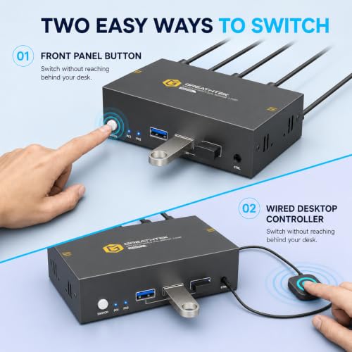 Image of GREATHTEK 8K@60Hz HDMI KVM Switch 2 Monitors 2 Computers | 4K 240Hz Dual Monitor Switch|3 USB 3.0 Ports| EDID| Wired Remote| Extended and Mirror Display