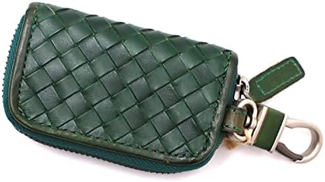 RARESTAN Handmade Woven Leather Keychain Case Key Pouch Smart Key Holder With Zipper (Green)