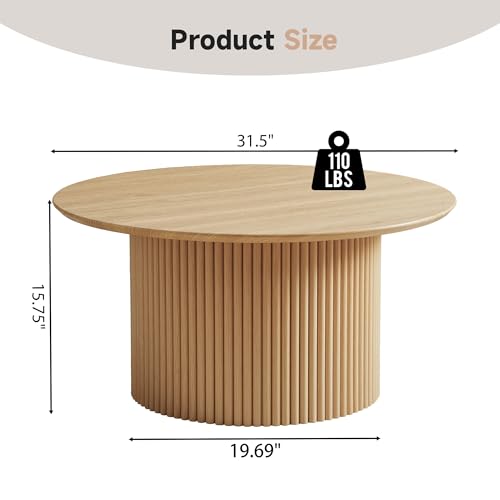 Image of 31.5 inch Round Coffee Table, Modern Fluted Accent Center Table with Metal Frame, Wooden Circle Coffee Tables for Living Room Small Space or Office (Natural)