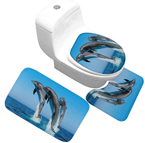 3 Teilig Badematte Set Blauer Delfin 3D Badematten Set rutschfest, Badezimmerteppich,U-förmiger WC-Vorleger,WC…
