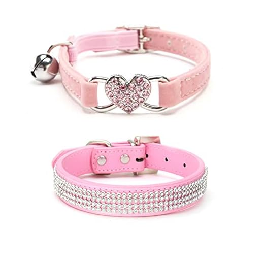 MiaLover 2 collares ajustables para perros y gatos, de piel brillante, con forma de corazón y campana para perros pequeños, dos estilos (rosa)