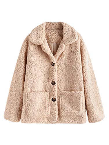 ZAFUL Pocket Single Breasted Fluffy Teddy Coat Sherpa with Pocket Teddy Outwear Winter XL Light Khaki